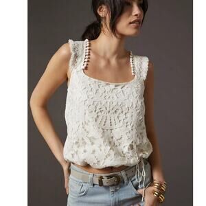 Anthropologie Tiny Macie Crochet Lace PomPom Tank Top Ivory SzMed Boho Feminine